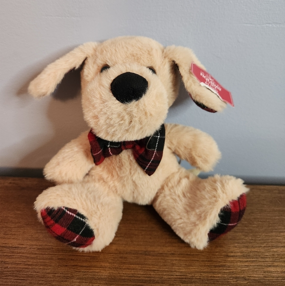 Holiday Time Tan Puppy Dog Plush With Red Black Plaid Ears and Paws And Bow 7in